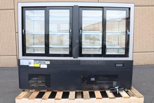 Brand new Avantco BCF-72-HC bakery display case, 70 7/8" square glass, black, refrigerated, 115V, S/N: 1736307140040.