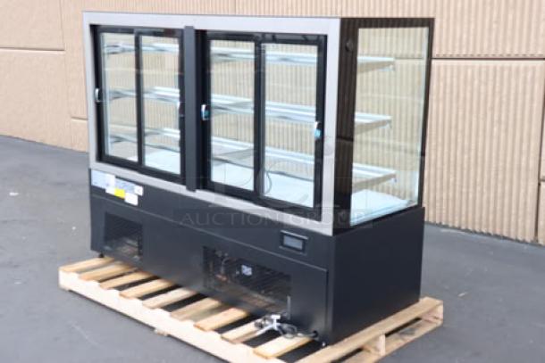 Avantco BCF-72-HC refrigerated bakery display case, 70 7/8" square glass, black, brand new, 115V, 8.5A, on pallet.