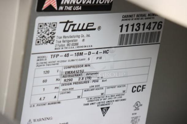 True TFP-48-18M-D-4-HC Sandwich Prep Table label, S/N: 11131476, with specs and refrigerant info; out of packaging, minor scratches possible.