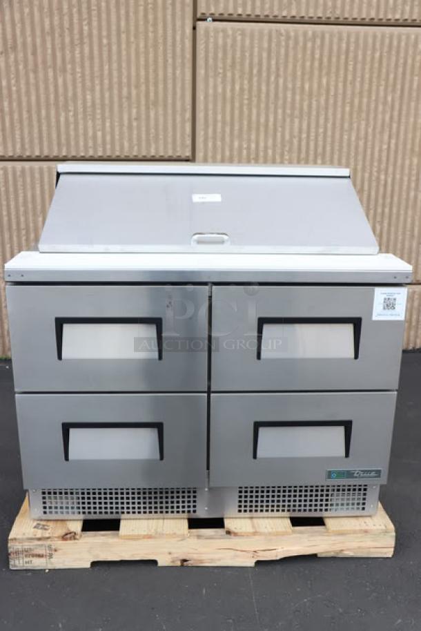 True TFP-48-18M-D-4-HC sandwich prep table, stainless steel, four drawers, minor scratches, S/N: 11131476.