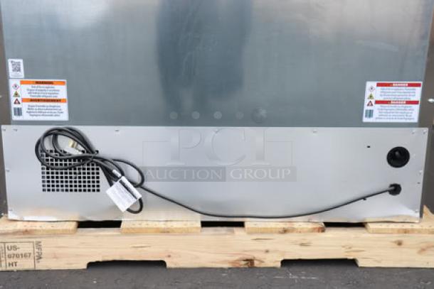 BRAND NEW True TFP-48-18M-D-4-HC sandwich prep table back view, stainless steel, with visible power cord and warning labels.