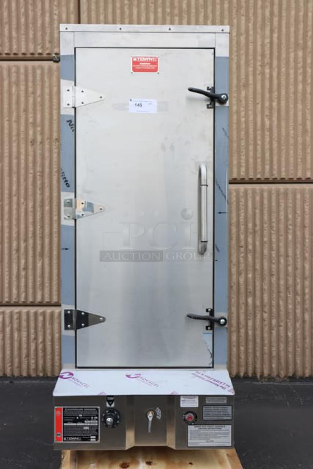 Brand new Town SM-24-L-SS 24" stainless steel smokehouse, left door hinges, 45,000 BTU, natural gas, serial #2643178.
