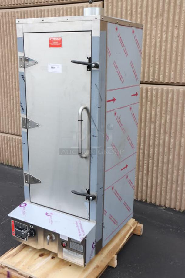 Brand new Town SM-24-L-SS stainless steel smokehouse, 24", 45,000 BTU, left door hinges, serial 2643178, out of packaging.