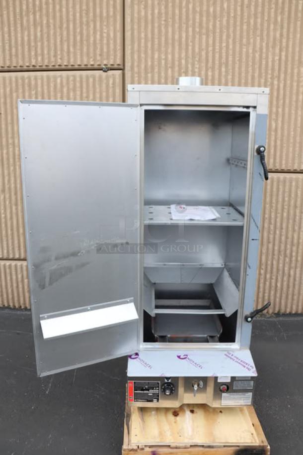 BRAND NEW Town SM-24-L-SS Natural Gas 24" Smokehouse, stainless steel, left door hinges, 45,000 BTU, open door view.