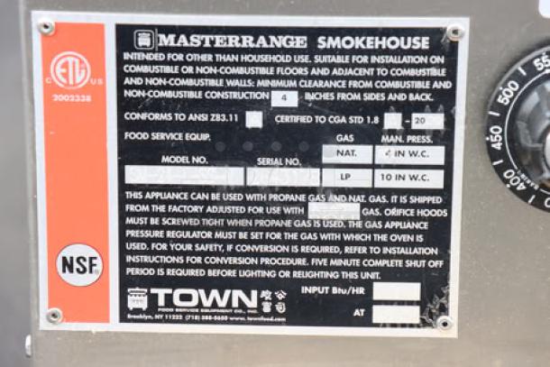 BRAND NEW Town SM-24-L-SS natural gas smokehouse, stainless steel, 24", left door hinges, 45,000 BTU, S/N: 2643178.