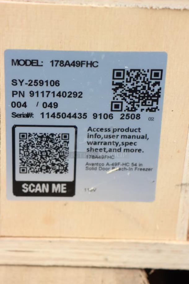 QR code and label on Avantco A-49F-HC freezer crate, showing model, serial number, spec sheet access instructions.