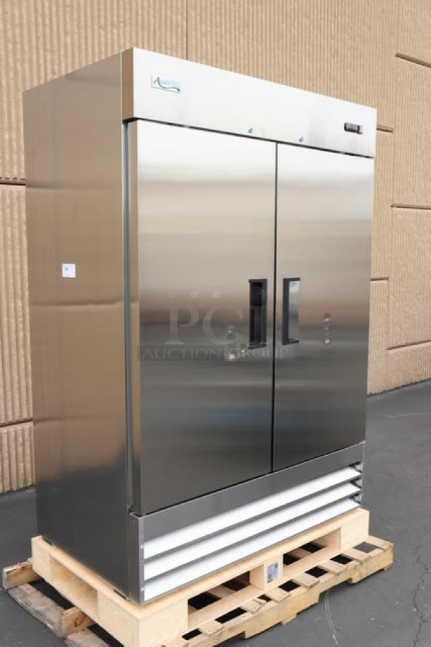 Brand new Avantco A-49F-HC 54" solid door reach-in freezer, stainless steel, 115V, out of packaging, on pallet.