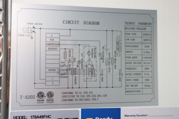 Avantco A-49F-HC 54" reach-in freezer, solid door, 115V, 1 phase, 780W. Circuit diagram and tech specs label shown.