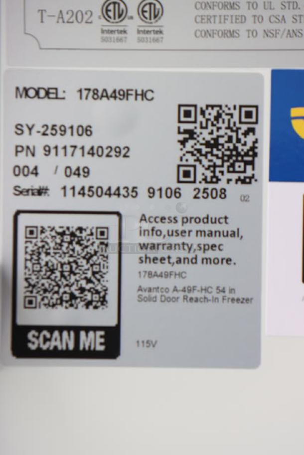 QR code label showing product info for Avantco A-49F-HC 54" Solid Door Reach-In Freezer, 115V, Serial: 114504435.