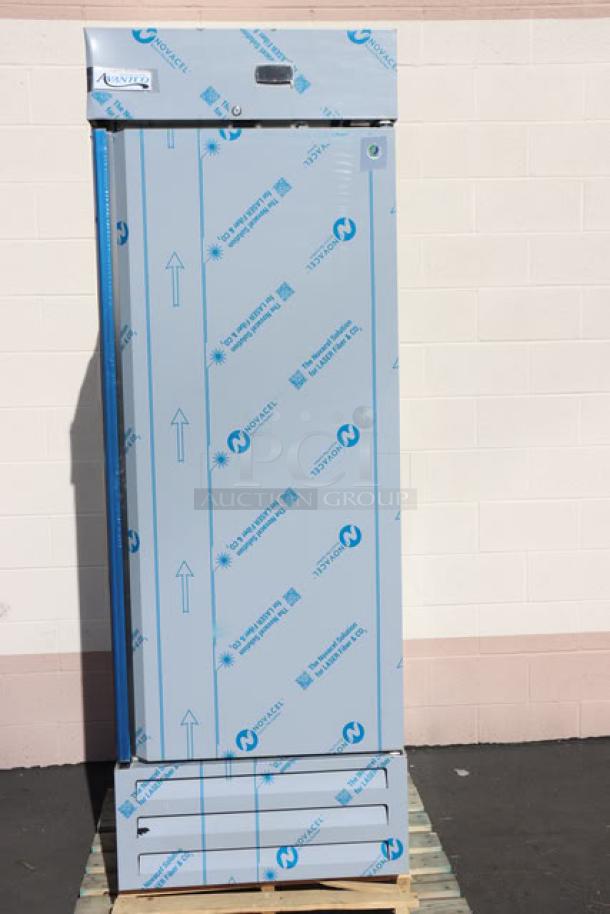 Brand new Avantco A Plus AP-23R stainless steel reach-in refrigerator with protective film. Model AP-23R, S/N: 8103564552.