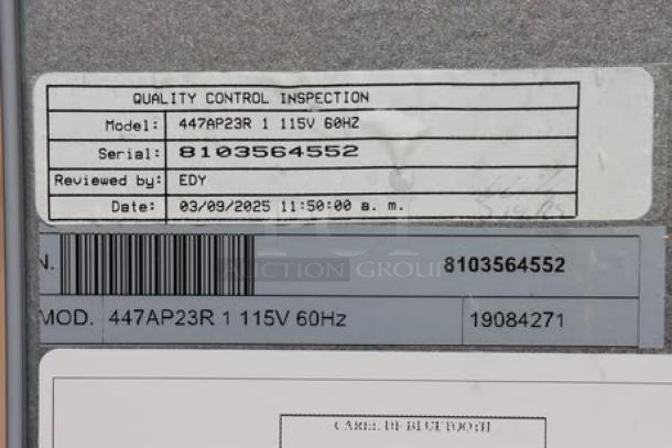 Avantco A Plus AP-23R stainless steel refrigerator label, model 447AP23R, serial 8103564552, 115V, 60Hz, inspected by EDY.