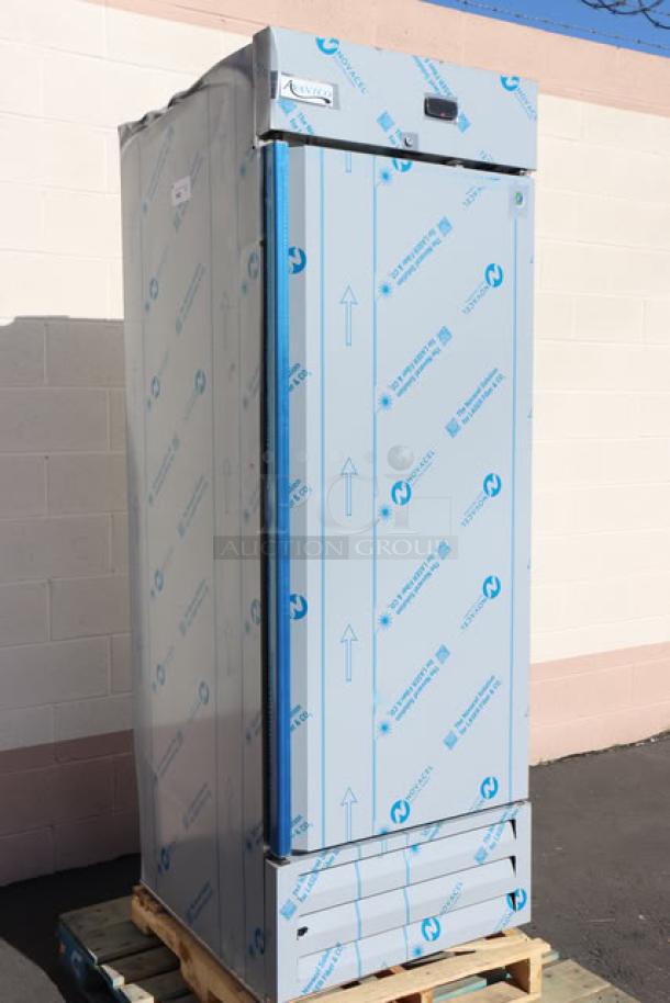 Brand new Avantco A Plus AP-23R stainless steel reach-in refrigerator, 27.5" tall, wrapped as scratch-n-dent, serial no. 8103564552.