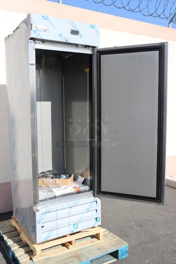 Brand new Avantco A Plus AP-23R stainless steel refrigerator, 27.5", scratch-n-dent, open door, serial 8103564552.