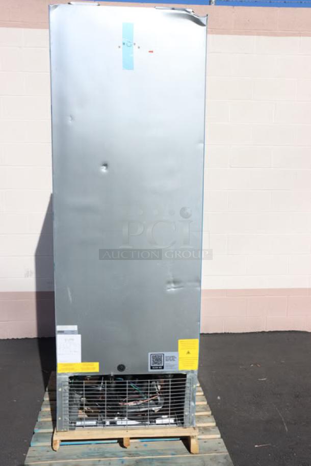 Brand new Avantco A Plus AP-23R stainless steel reach-in refrigerator with visible dents. Model AP-23R, 115V, S/N: 8103564552.