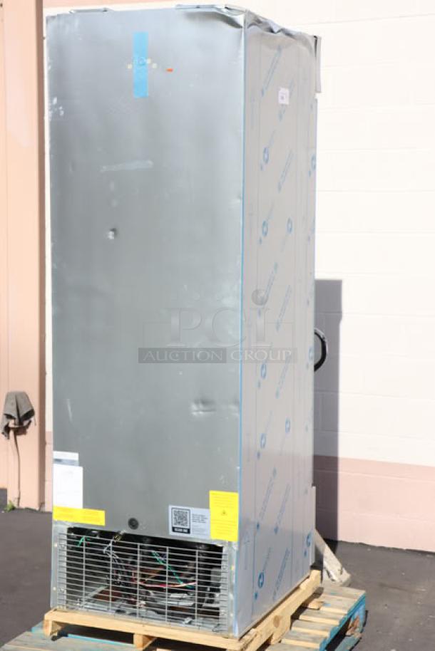 Brand new Avantco A Plus AP-23R stainless steel refrigerator with minor dents; 27.5", 115V, 2A, 1 Phase, S/N: 8103564552.
