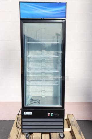 Avantco GDC-12F-HC 27" black glass door freezer, features LED lighting, customizable design, 115V, excellent condition.