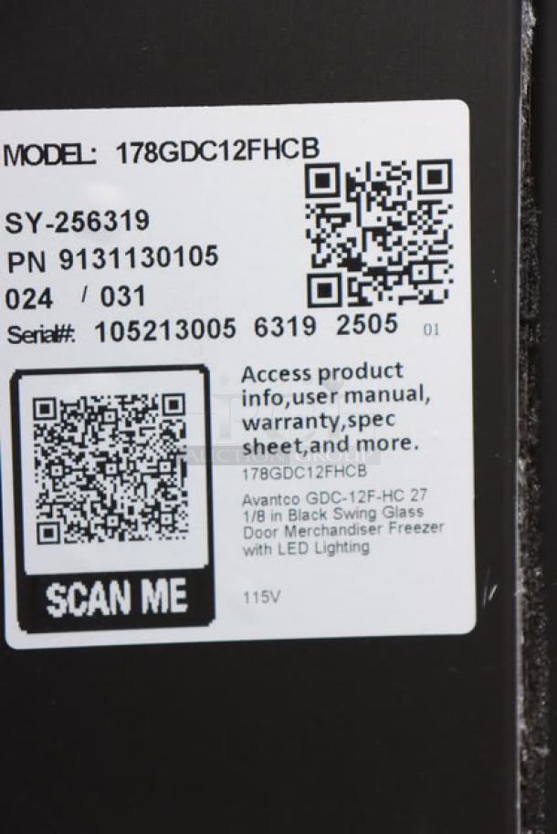 Avantco GDC-12F-HC 27" black swing glass door merchandiser freezer label with model, serial number, and QR codes.