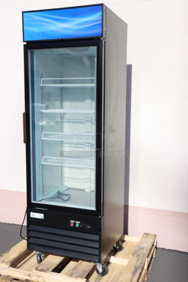 Avantco GDC-12F-HC 27" black glass door merchandiser freezer with LED lighting; 115 volts, 5.3 amps, 1 phase, 510 watts.