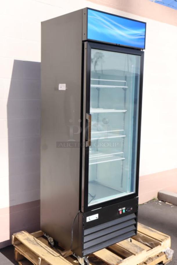 Avantco GDC-12F-HC 27" black merchandiser freezer with glass door, LED lighting, 115V, 5.3A, excellent condition.