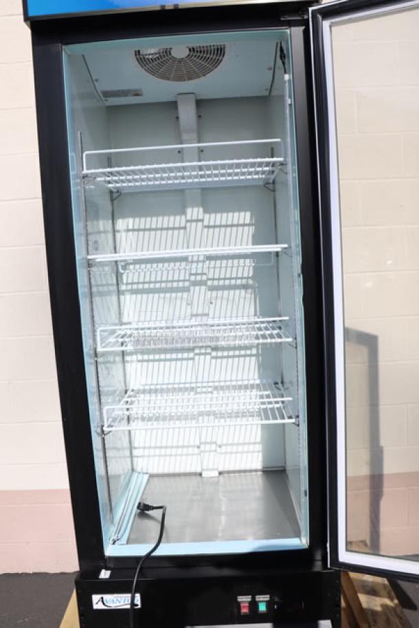 Avantco GDC-12F-HC 27" black glass door merchandiser freezer with LED lighting, open door, 4 shelves, customizable, excellent condition.