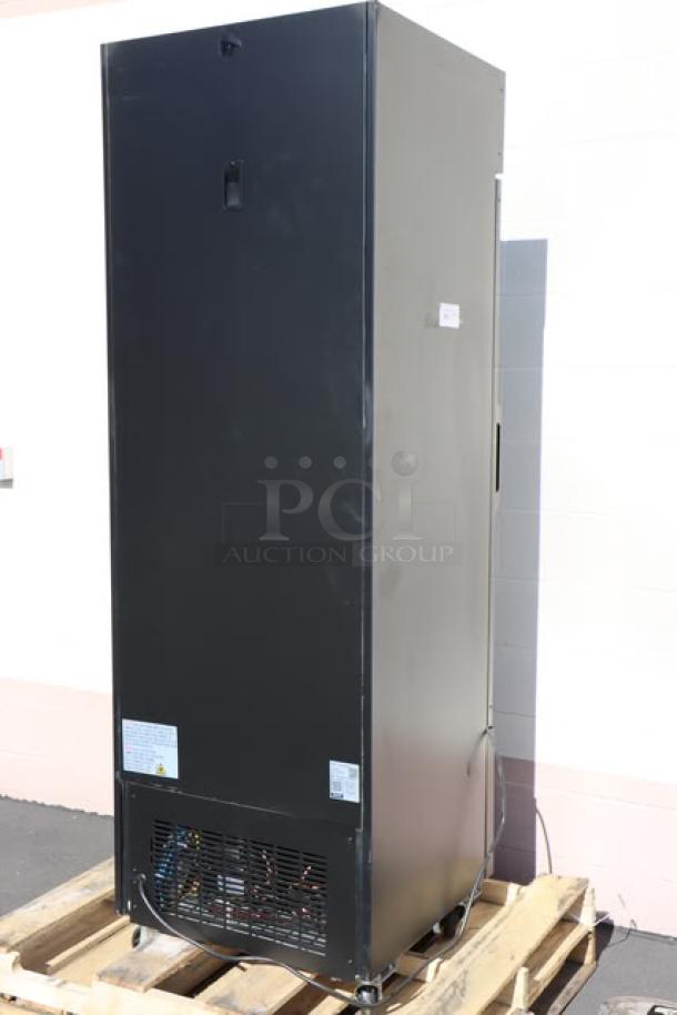 Avantco GDC-12F-HC 27" black glass door merchandiser freezer, LED lighting, used condition, on pallet, tags on back panel.