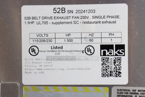BRAND NEW NAKS 52B-4500-FF exhaust fan label showing 4500 CFM, 1357 RPM. Single-phase, 115V. Serial: 20241203.