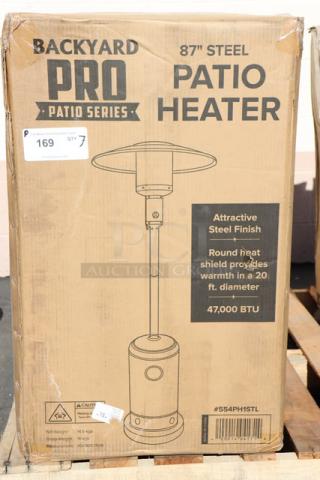 Brand new Backyard Pro Courtyard Series PH1STL steel patio heater, 47,000 BTU, scratch-n-dent, 87" tall, original packaging.