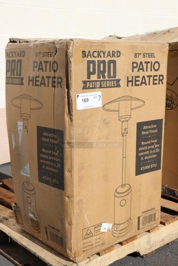 Backyard Pro Courtyard Series PH1STL patio heater in box; steel finish, 47,000 BTU, new condition, minor box wear.