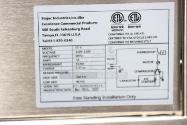 Excellence FT-4 25" Ice Cream Storage Freezer label displaying model, voltage, and specifications. New, potential scratches or dents.