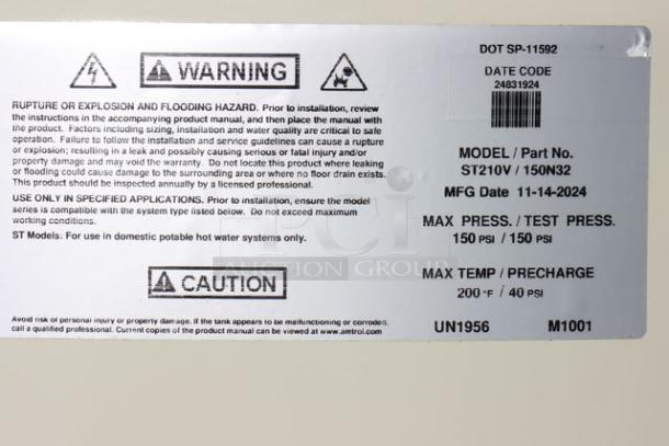 Alt text: "Amtrol Therm-X-Trol ST-210V vertical expansion tank label showing model, pressure, and temperature specifications."