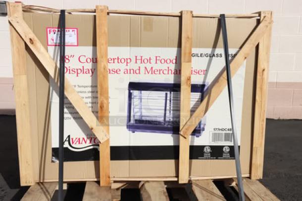 Avantco HDC-48 heated display case, 48", 3 shelves, sliding doors, 120V, 1580W, packaging damaged, may have scratches or dents.