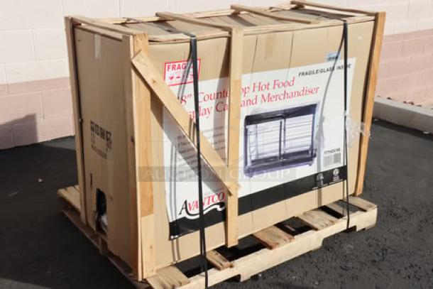 Brand new Avantco HDC-48 heated display case in original damaged packaging. May have surface scratches and dents. 120V, 1580W.