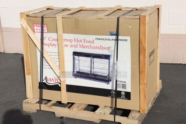 Avantco HDC-48 48" heated display case, 3 shelves, sliding doors, new scratch-n-dent, damaged packaging, 120V, 1580W.