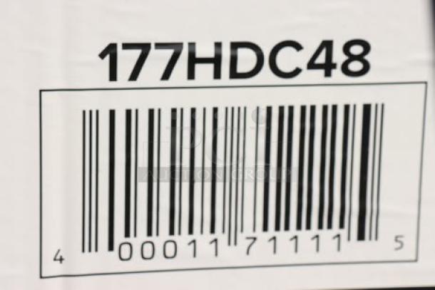 Barcode label for Avantco HDC-48 heated display case, model number 177HDC48. Packaging is damaged.