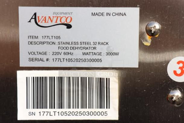 Brand new Avantco LT105 food dehydrator, 32-tray, stainless steel, glass doors; minor scratch/dent; 220V, 3000W, S/N: 177LT10520250300005.