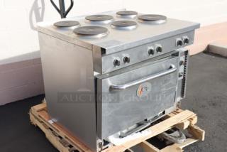 Cooking Performance Group ER36-208-3, 36" 6-burner electric range, standard oven, 208V, 3-phase. Brand new, broken door hinge.