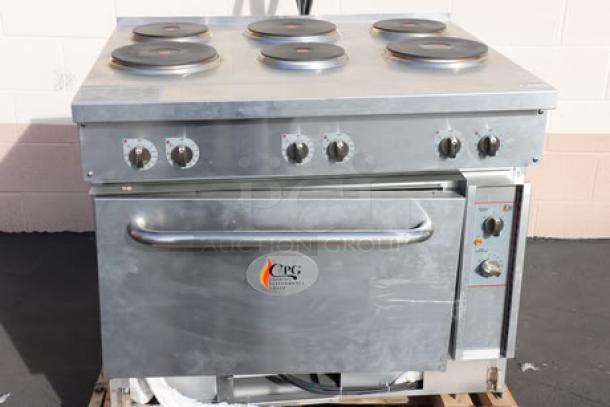 Cooking Performance Group ER36-208-3 36" 6-burner electric range, brand new, scratch and dent, broken door hinge, 208V, 3 phase.