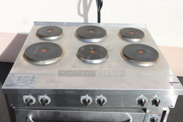 Cooking Performance Group 36" 6-burner electric range, model ER36-208-3, brand new scratch-n-dent, broken door hinge.
