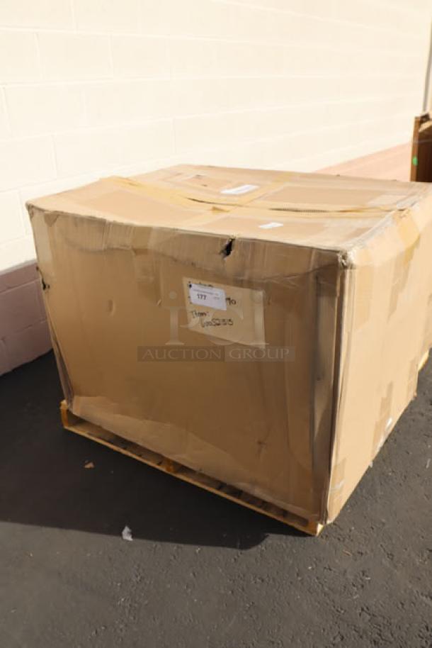 Sealed box on a pallet labeled with "Item: 600S21515," containing a Regency 37" stainless steel two-compartment commercial sink.