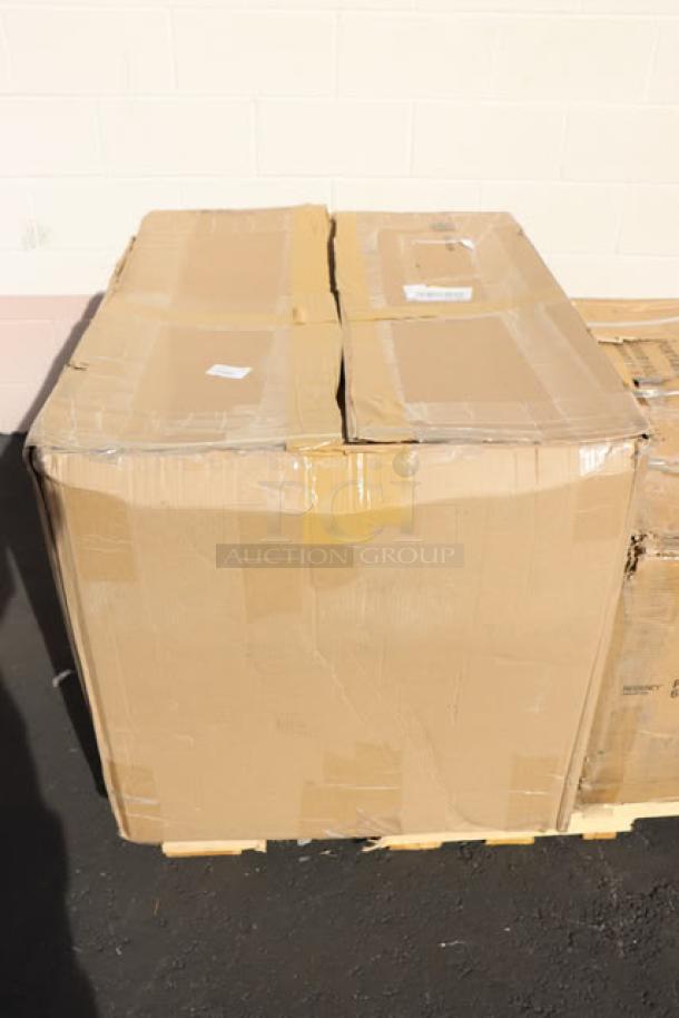 Cardboard box containing a Regency 37" two-compartment stainless steel sink, model 600S21515, labeled "scratch-n-dent."