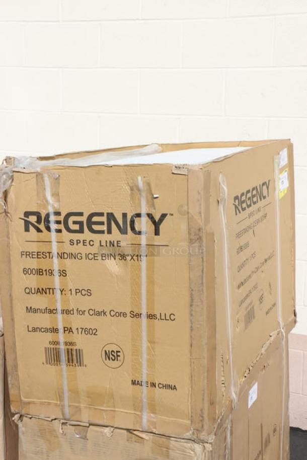 Regency Spec Line PRIB-1936 underbar ice bin in original box; 119 lb. capacity, includes 2 plastic bottle holders.