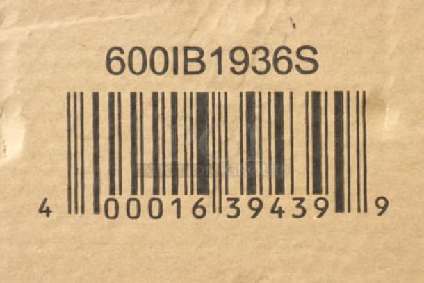 Barcode label on box with code "600IB1936S". Packaging for Regency Spec Line PRIB-1936 ice bin.
