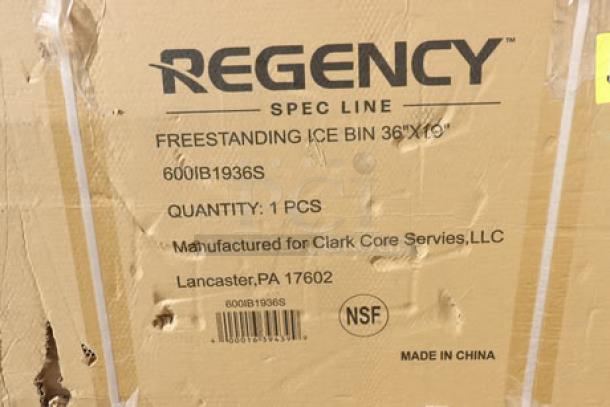 Regency Spec Line PRIB-1936 ice bin, brand new in box, 19"x36", 119 lb. capacity, with 2 bottle holders.