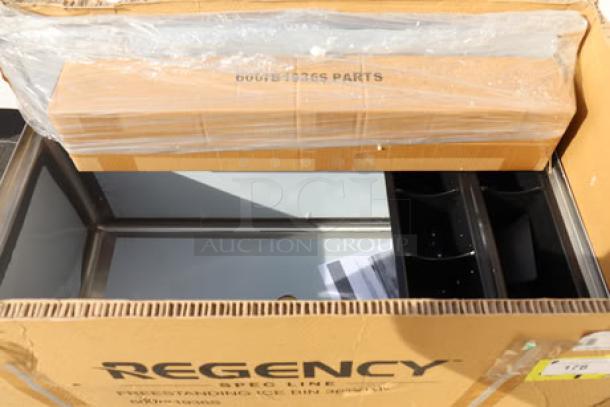 Brand new Regency Spec Line PRIB-1936 19" x 36" underbar ice bin, 119 lb. capacity, includes 2 plastic bottle holders.