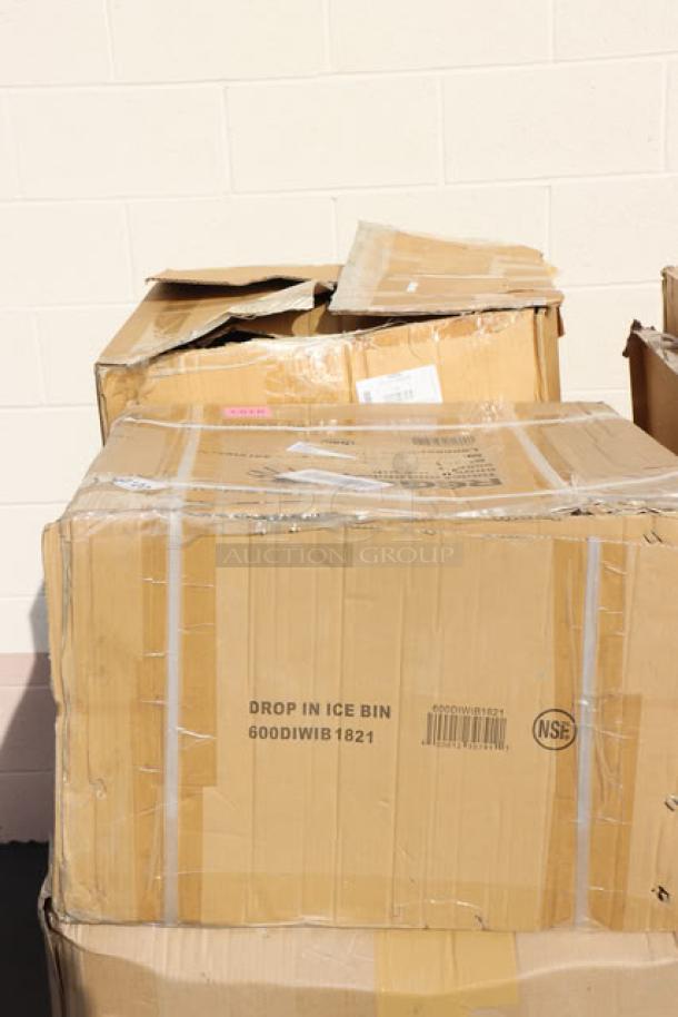Cardboard box labeled "Drop-In Ice Bin" with visible barcode and NSF mark, containing Delfield 240 and Regency water station.