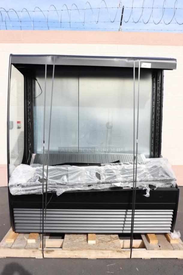 Brand new Federal Industries VRSS7278C-QS refrigerated merchandiser, black, 71.25", curved, missing left glass panel.