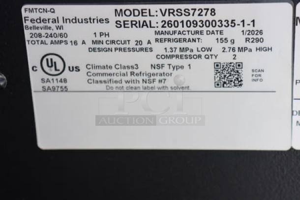 BRAND NEW Federal Industries VRSS7278C-QS 71" curved refrigerated merchandiser, 208-240V, 16A. Left glass panel missing.