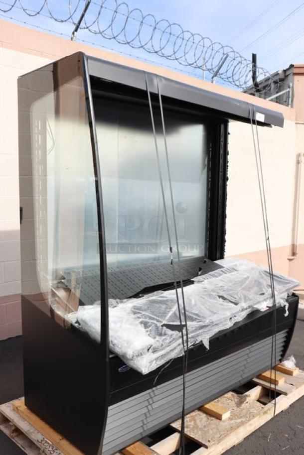 BRAND NEW Federal Industries VRSS7278C-QS black refrigerated merchandiser, 71 1/4", four shelves, missing left glass panel.
