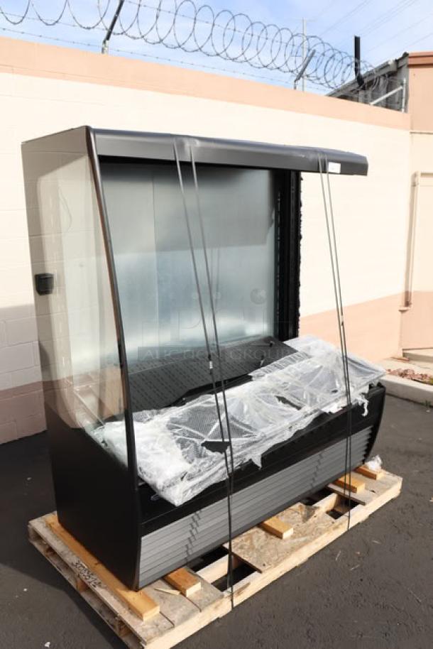 Federal Industries VRSS7278C-QS refrigerated merchandiser, black, 71 1/4", scratch-n-dent, four shelves, missing left glass panel.