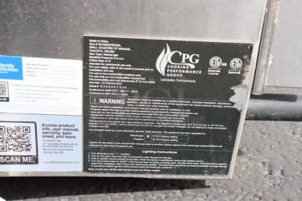The image displays a label for a Cooking Performance Group GM-CPG-72-NL Griddle. The label shows safety warnings and product details in English.